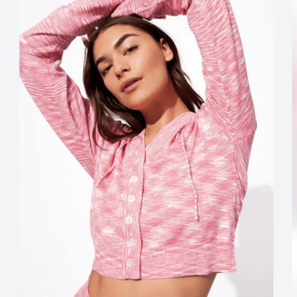 Eleven Venus Williams XXL Love Buzz Pink Space Dye Cropped‎ Hooded Knit Cardigan